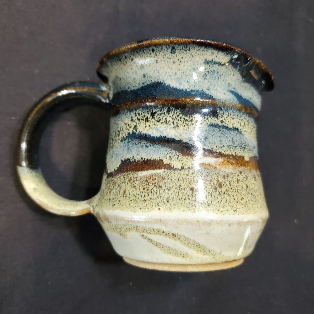 Hand Thrown Pottery Pitcher Signed 3 Inch Blue Orange‎ Brown Artsy Stoneware